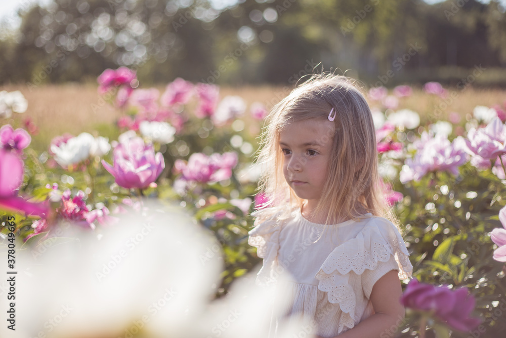 Fototapeta premium little girl with flowers in the garden