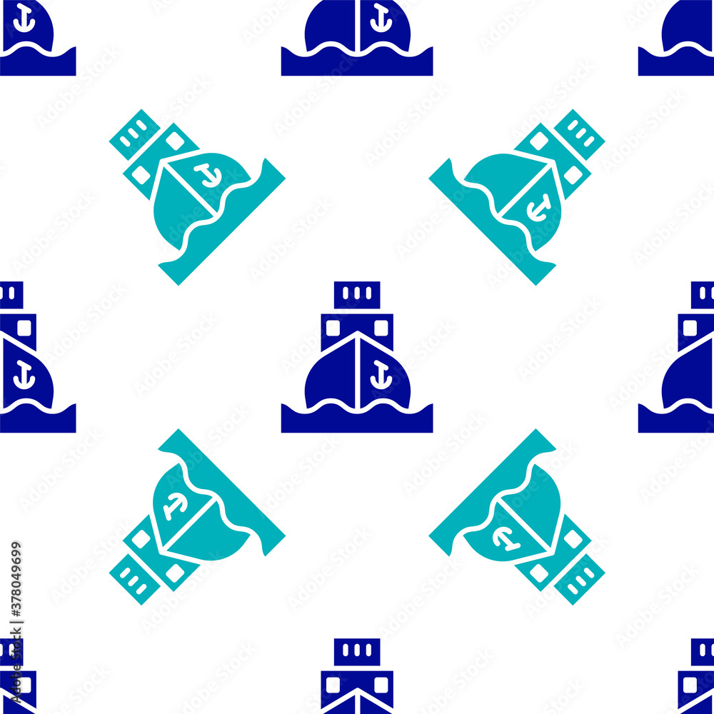 Blue Cargo ship icon isolated seamless pattern on white background. Vector. Blue Cargo ship icon isolated seamless pattern on white background. Vector.