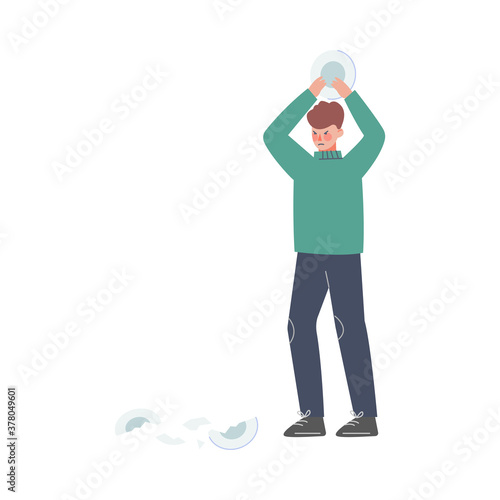 Man Breaking Dishes to Calm Down Stressful Emotion, Person Relaxing, Reducing and Managing Stress Cartoon Style Vector Illustration