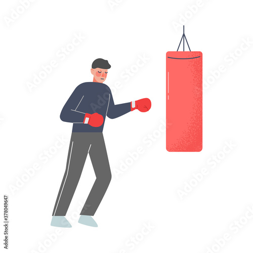 Man Hitting Punching Bag with Boxing Gloves to Calm Down Stressful Emotion, Person Relaxing, Reducing and Managing Stress Cartoon Style Vector Illustration