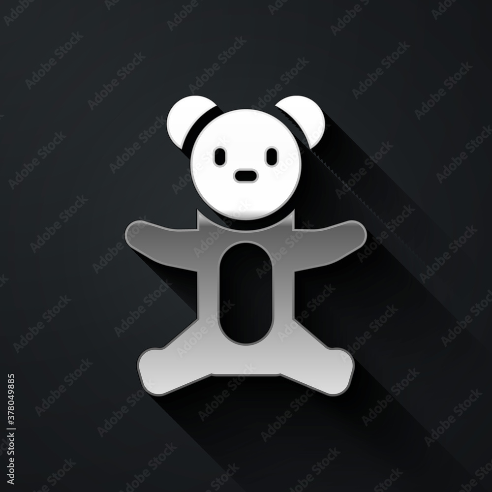 Fototapeta premium Silver Teddy bear plush toy icon isolated on black background. Long shadow style. Vector.