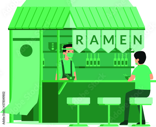 A man eating ramen as his meal at ramen shop during new normal