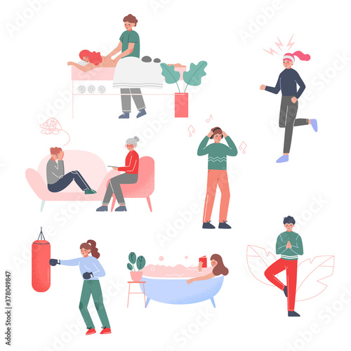 People Doing Different Activities to Calm Down Stressful Emotions Set, Psychological Help, Meditation, Boxing, Doing Massage, Listening Music Vector Illustration