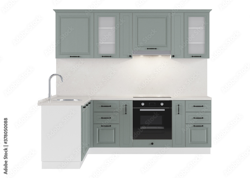 Kitchen. Furniture and kitchen equipment on a white background. 3D rendering. Kitchen. Furniture and kitchen equipment on a white background. 3D rendering.