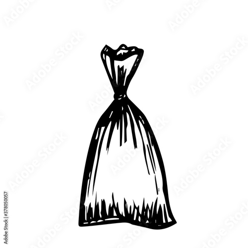 knotted bag - vector hand-drawn drawing. Traced black and white rag / canvas bag or package illustration