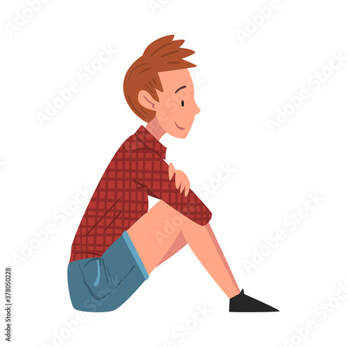 Girl in Casual Clothes and Short Haircut, Female Student Sitting on Lawn Cartoon Vector Illustration