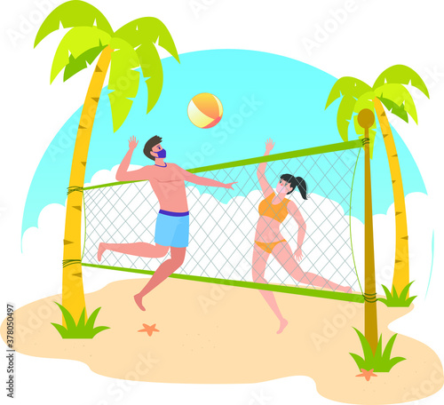 Masked man and woman are playing volley together at the beach during holiday illustration