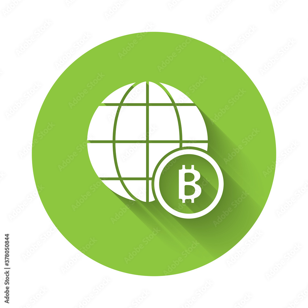 White Globe and cryptocurrency coin Bitcoin icon isolated with long shadow. Physical bit coin. Blockchain based secure crypto currency. Green circle button. Vector. White Globe and cryptocurrency coin Bitcoin icon isolated with long shadow. Physical bit coin. Blockchain based secure crypto currency. Green circle button. Vector.