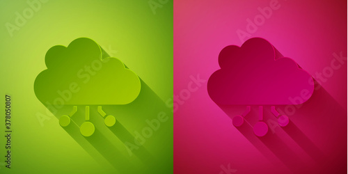 Paper cut Cryptocurrency cloud mining icon isolated on green and pink background. Blockchain technology, bitcoin, digital money market, cryptocoin wallet. Paper art style. Vector.