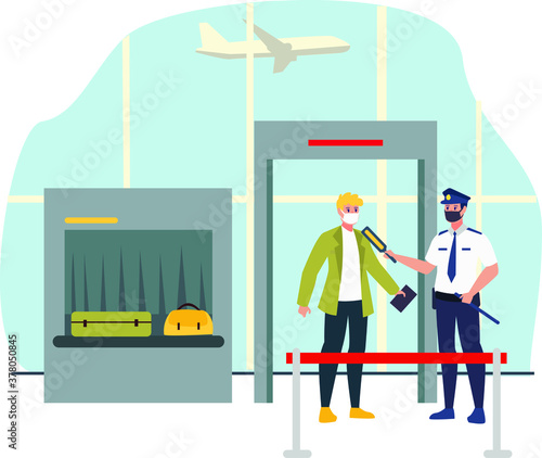 Masked security officer checking passenger body temperature at airport gate during new normal illustration