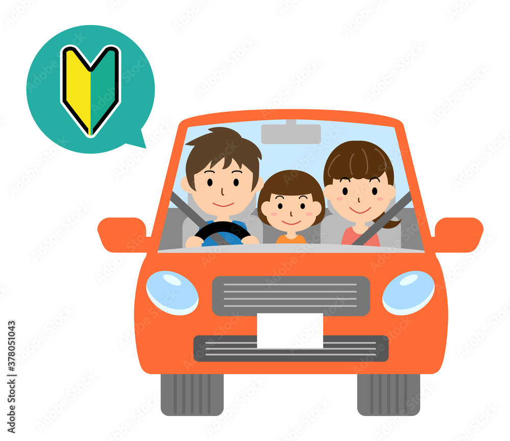 初心者マークで赤い自動車を運転する男性のベクターイラスト