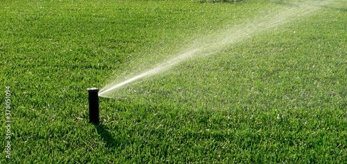 Valokuva Automatic garden irrigation system watering lawn