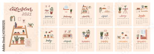 Cozy monthly calendar 2021 with home interior illustrations