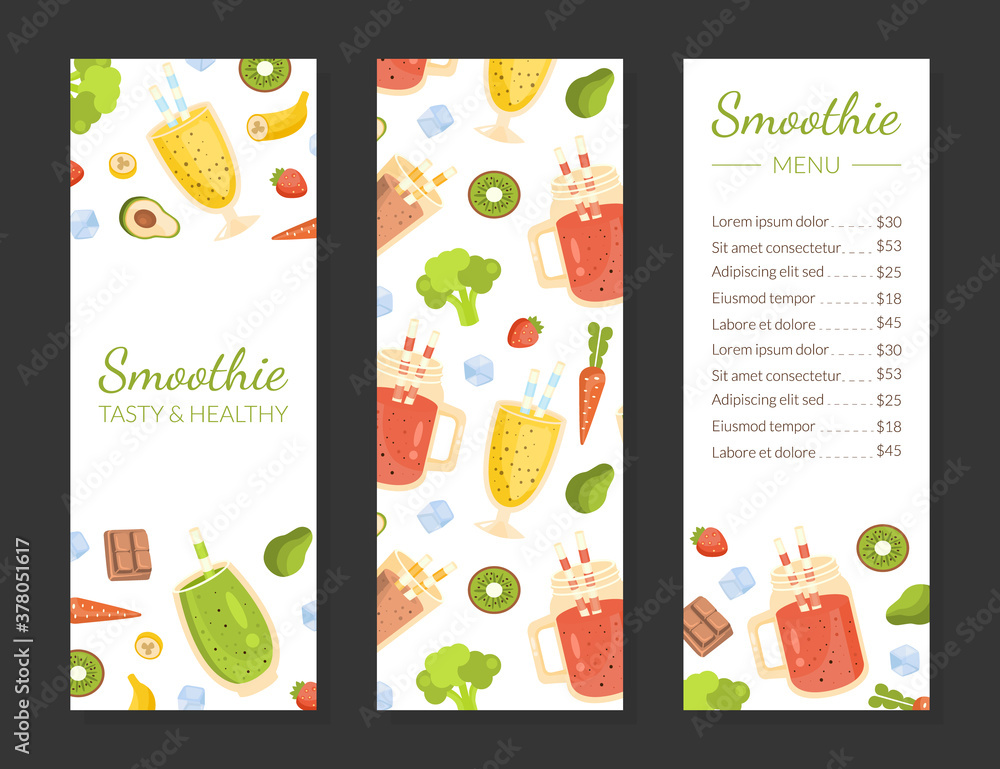 Smoothie Menu Template, Healthy Vitamin Drinks Restaurant or Cafe Brochure, Natural Detox Cocktails Flyer, Promotional Leaflet, Poster Vector Illustration