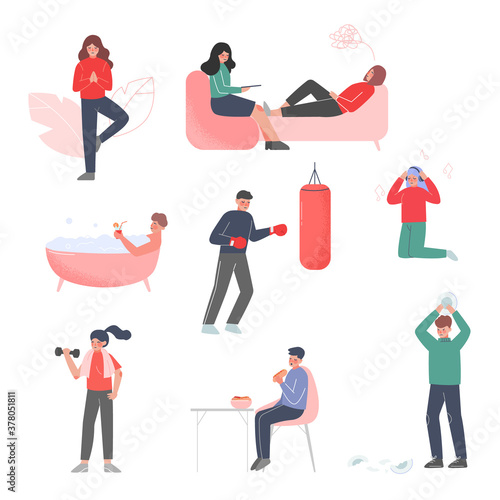 Stress Reducing Set, People Doing Different Activities to Calm Down Stressful Emotions, Psychological Help, Meditation, Boxing, Eating Fast Food, Breaking Dishes Vector Illustration