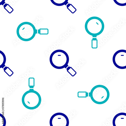 Blue Magnifying glass icon isolated seamless pattern on white background. Search, focus, zoom, business symbol. Vector.