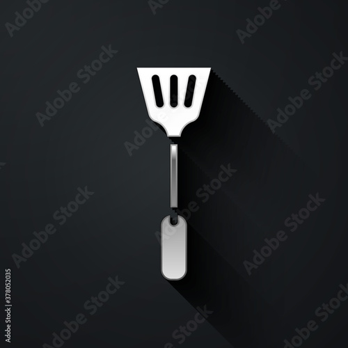 Silver Fly swatter icon isolated on black background. Long shadow style. Vector.