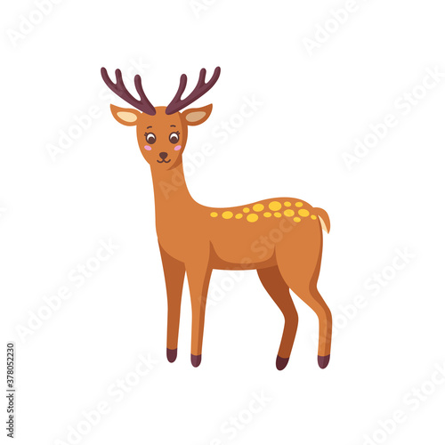 Standing reindeer isolated in white background. Woodland deer in nice cartoon style. Vector illustration
