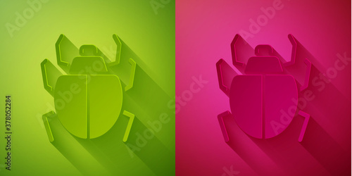 Paper cut Mite icon isolated on green and pink background. Paper art style. Vector.