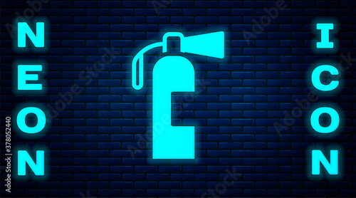 Glowing neon Fire extinguisher icon isolated on brick wall background. Vector.