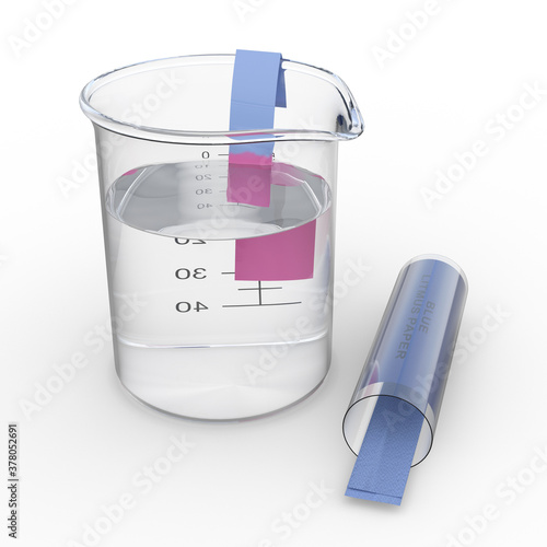 A blue litmus paper dipped into an acid solution in a 50 ml beaker turns red. Isolated on white background. 3D illustration.