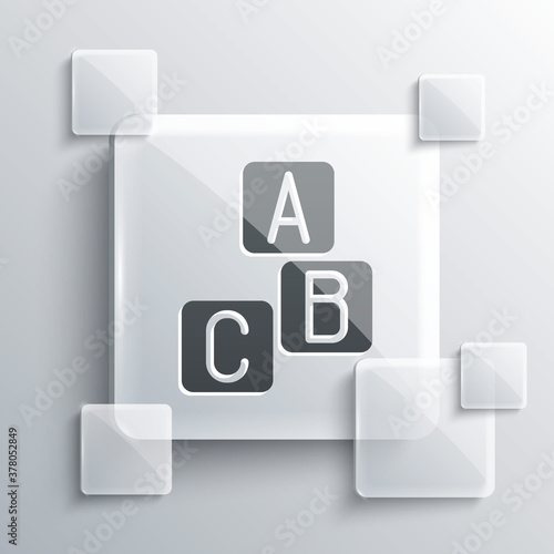Grey ABC blocks icon isolated on grey background. Alphabet cubes with letters A,B,C. Square glass panels. Vector.