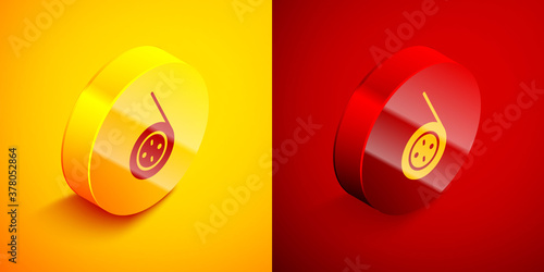 Isometric Yoyo toy icon isolated on orange and red background. Circle button. Vector.