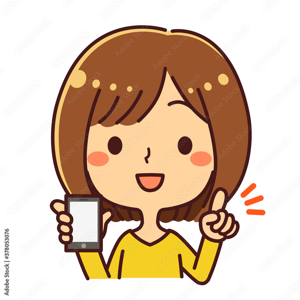 女性　スマホ　指さし　イラスト