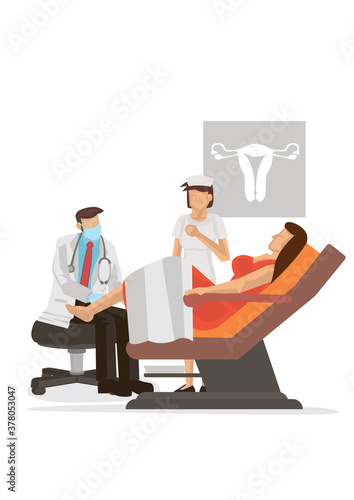 Gynecologist examines patient sitting in a gynecological examination chair.