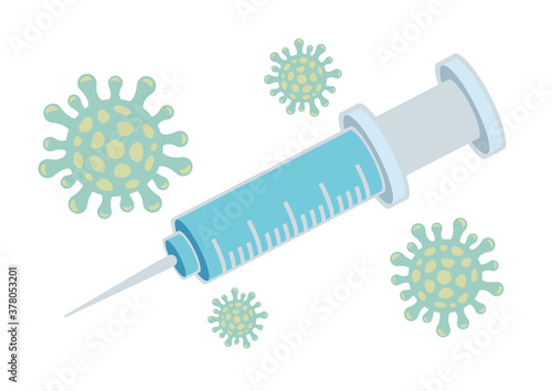 Medical concept of syringe and vaccine with Coronavirus.