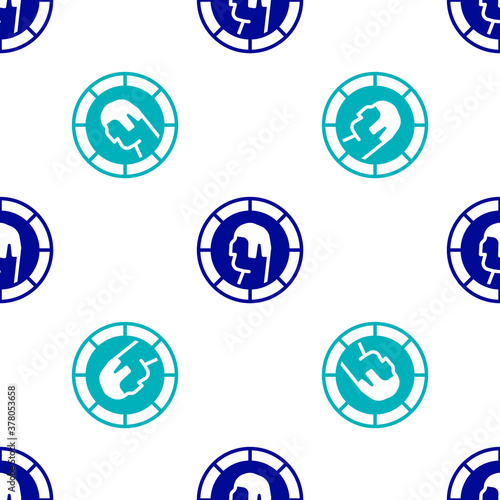 Blue Ancient Greek coin icon isolated seamless pattern on white background. Vector.