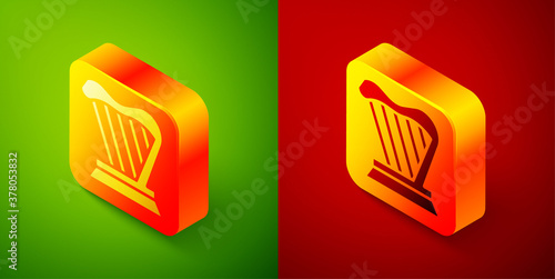 Isometric Harp icon isolated on green and red background. Classical music instrument, orhestra string acoustic element. Square button. Vector.