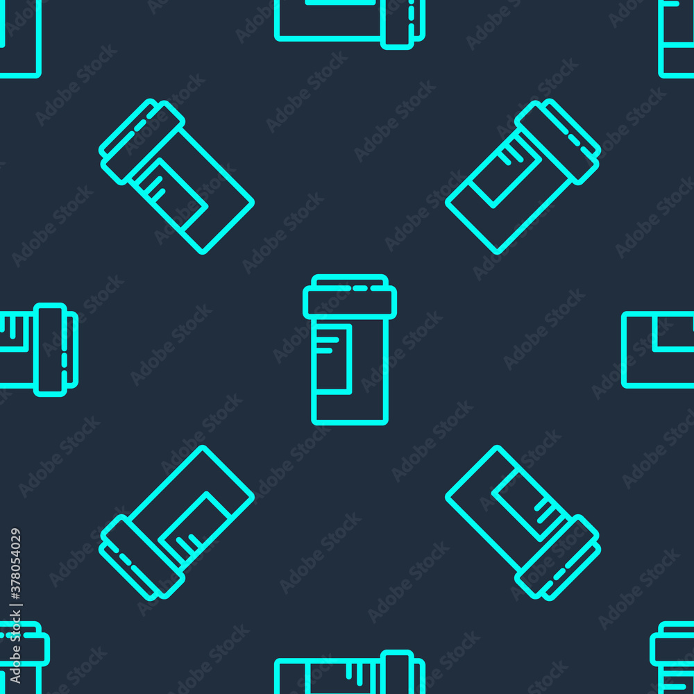 Green line Medicine bottle icon isolated seamless pattern on blue background. Bottle pill sign. Pharmacy design. Vector Illustration. Green line Medicine bottle icon isolated seamless pattern on blue background. Bottle pill sign. Pharmacy design. Vector Illustration.