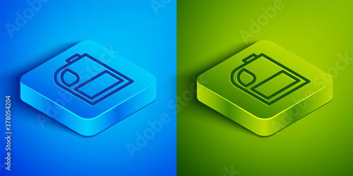 Isometric line Canister for motor machine oil icon isolated on blue and green background. Oil gallon. Oil change service and repair. Engine oil sign. Square button. Vector Illustration.