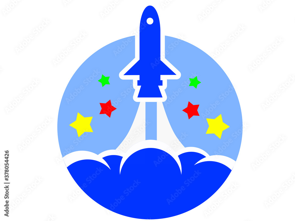 Illustration graphic design of rocket launching to space. Rocket launch into sky with smoke, cloud, star, planet, moon, and rainbow. Illustration graphic design of rocket launching to space. Rocket launch into sky with smoke, cloud, star, planet, moon, and rainbow.