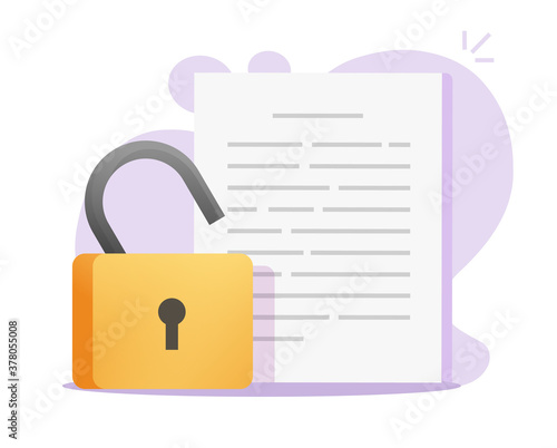 Document data secure confidential access unlocked vector or text file privacy protection open on flat icon, concept of private secret data lock image symbol
