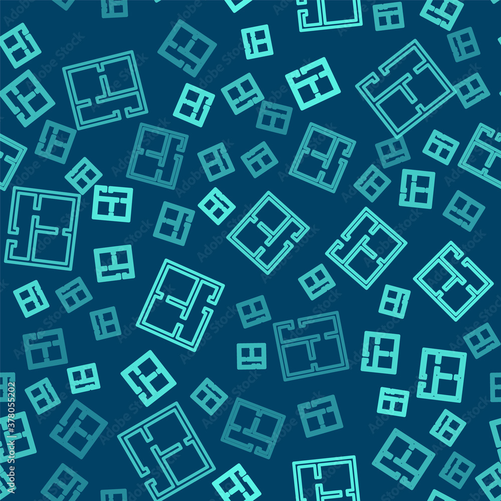 Green line House plan icon isolated seamless pattern on blue background. Vector Illustration.