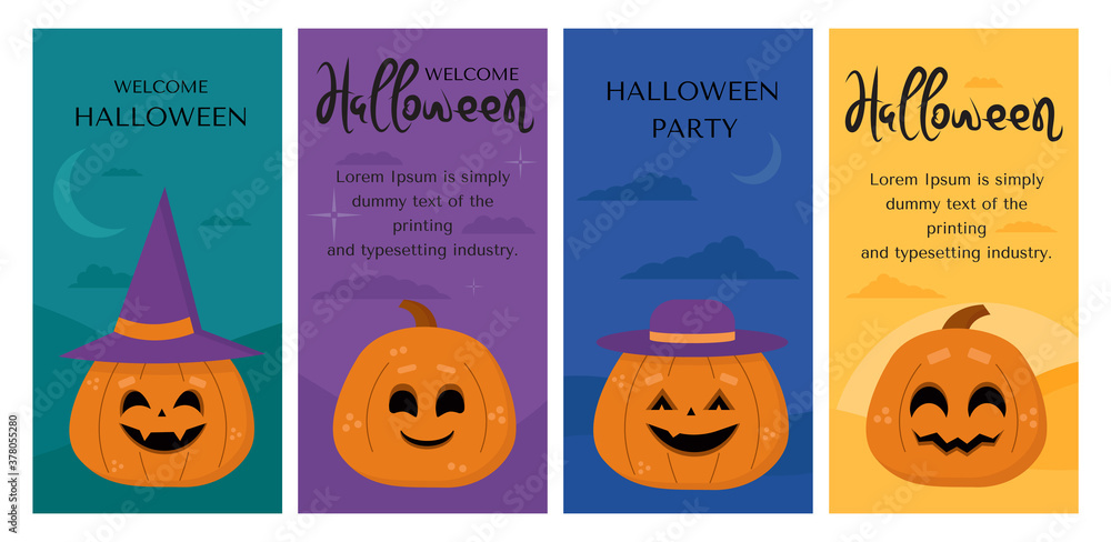 Vector set of Halloween party invitations or greeting cards with traditional symbols. Pumpkins and space for text. Vector set of Halloween party invitations or greeting cards with traditional symbols. Pumpkins and space for text.
