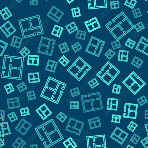 Green line House plan icon isolated seamless pattern on blue background. Vector Illustration.