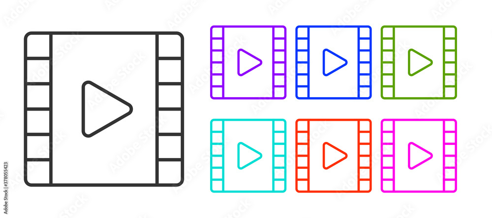 Black line Play Video icon isolated on white background. Film strip with play sign. Set icons colorful. Vector Illustration. Black line Play Video icon isolated on white background. Film strip with play sign. Set icons colorful. Vector Illustration.