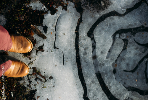 Boots on ice with copy space photo