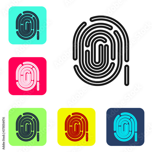 Black line Fingerprint icon isolated on white background. ID app icon. Identification sign. Touch id. Set icons in color square buttons. Vector.