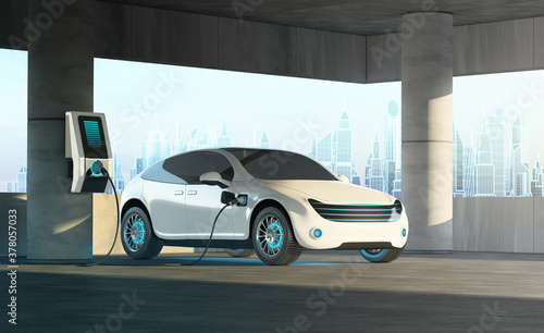 A futuristic electric car is connected to a charging station in an overhead multi-storey parking lot against the backdrop of a cityscape. 3d render.