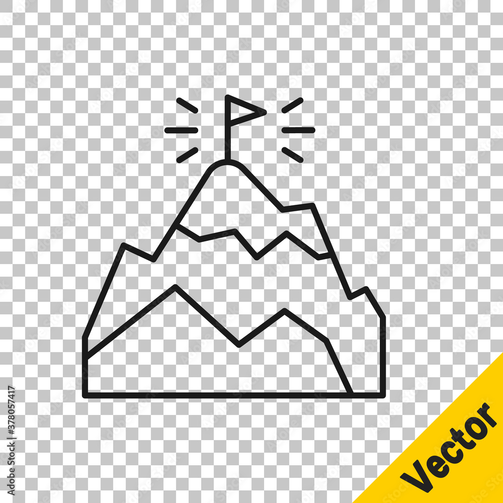 Black line Mountains with flag on top icon isolated on transparent background. Symbol of victory or success concept. Goal achievement. Vector. Black line Mountains with flag on top icon isolated on transparent background. Symbol of victory or success concept. Goal achievement. Vector.
