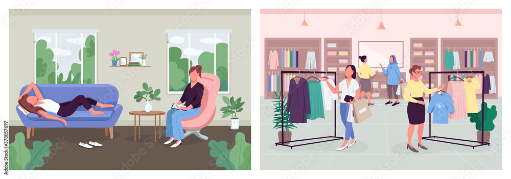 Women rest and recovery methods flat color vector illustration set. Shopping with girlfriends. Mental health treatment 2D cartoon faceless characters collection with interior on background