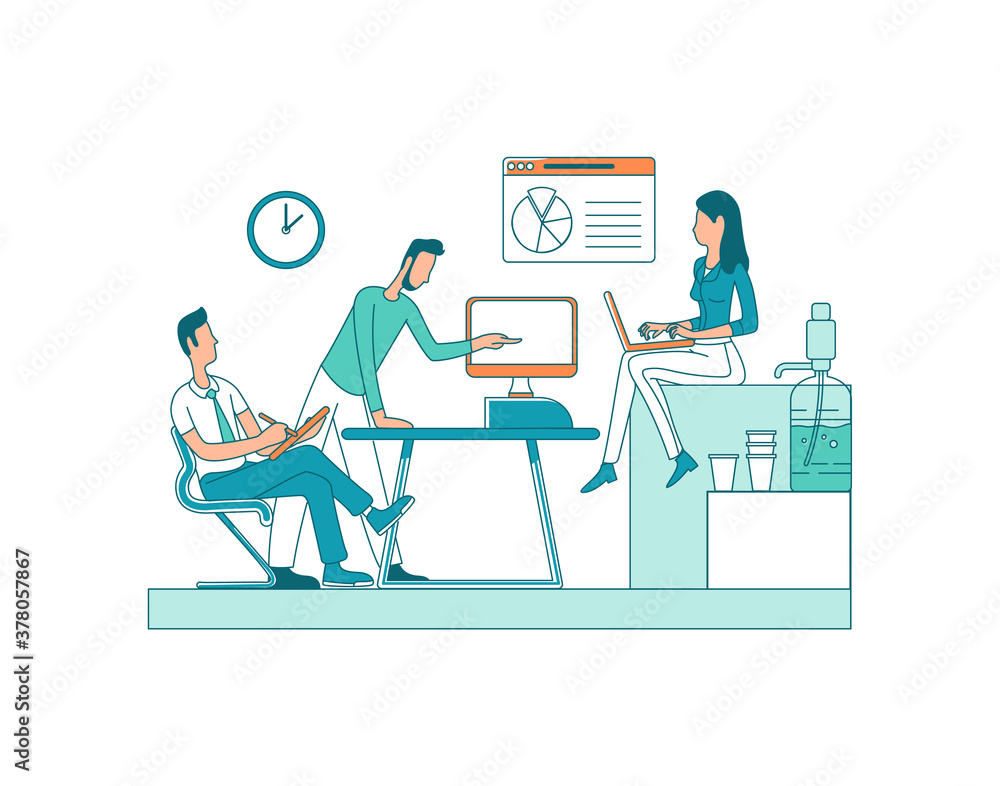 Business meeting flat color vector faceless characters. Colleagues on conference. Brainstorming coworkers. Corporate occupation isolated cartoon illustration for web graphic design and animation
