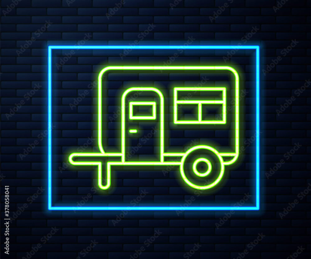 Fototapeta premium Glowing neon line Rv Camping trailer icon isolated on brick wall background. Travel mobile home, caravan, home camper for travel. Vector.
