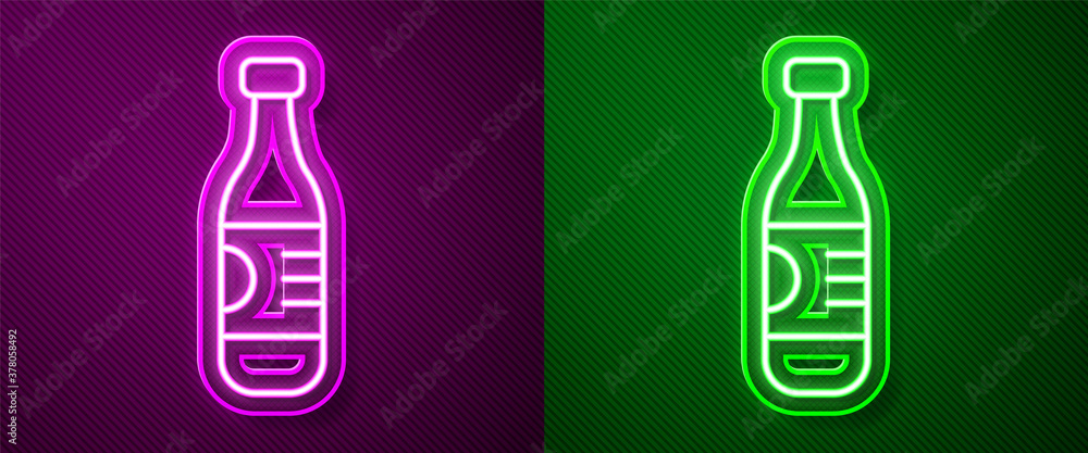Glowing neon line Bottle of water icon isolated on purple and green background. Soda aqua drink sign. Vector. Glowing neon line Bottle of water icon isolated on purple and green background. Soda aqua drink sign. Vector.
