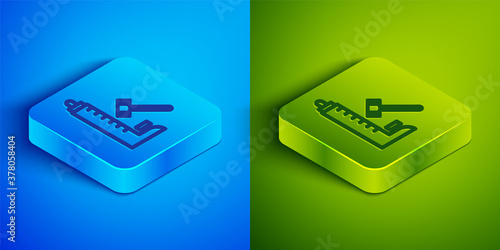 Isometric line High striker attraction with big hammer icon isolated on blue and green background. Attraction for measuring strength. Amusement park. Square button. Vector.