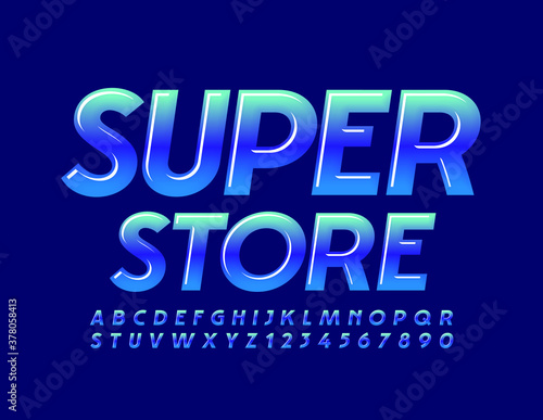 Vector trendy logo Super Store. Gradient blue Font. Glossy modern Alphabet Letters and Numbers set